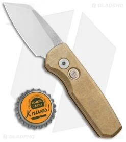 Pro-Tech Runt 5 Reverse Tanto Automatic Knife Stonewashed Brass (1.9" Mirror) -Benchmade Store Pro Tech Runt 5 Auto Bronze Aluminum Reverse Tanto Polished BHQ 131663 jr bottlecap