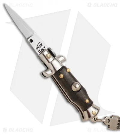 SKM 2.75" Keychain Stiletto Automatic Knife Sim Wood (1.2" Satin Bayonet) SKM 2.75" Keychain Stiletto Automatic Knife Sim Wood (1.2" Satin Bayonet) -Benchmade Store inox stiletto keychain sim wood detail